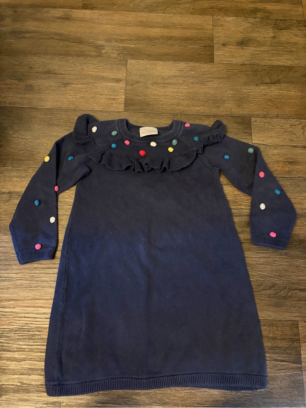 Hanna Andersson Girls Dark Blue Long Sleeve Ruffle Yoke Sweater Dress Size 5
